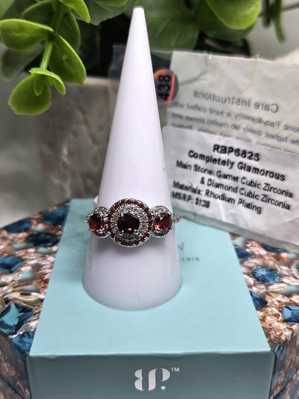Garnet-Red Triple Stone Halo Ring - "Completely Glamerous"